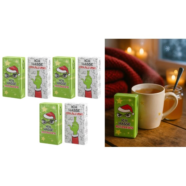 Taschentücher Muffel Weihnachten (6 x 10 Stück) - Ich hasse Rotznasen!, Ich hasse Erkältung! - Papiertaschentücher Festtagsmuffel