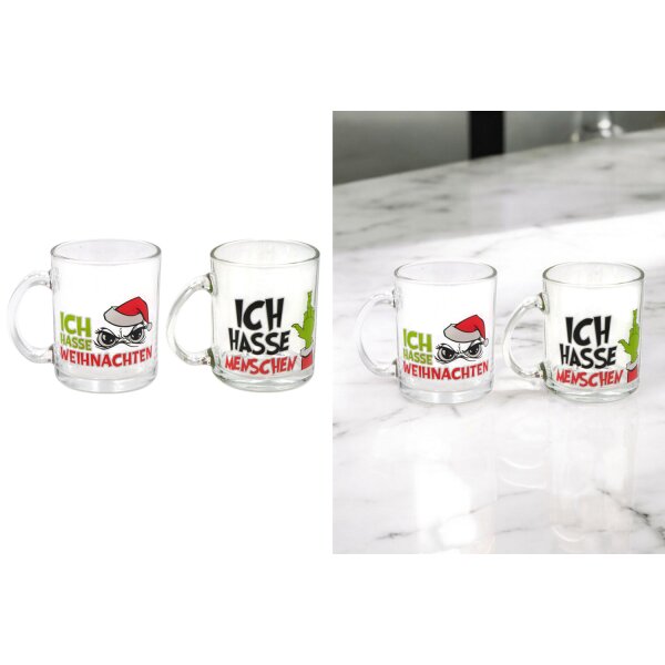 Trinkglas mit Henkel Muffel Weihnachten 350 ml (2er Set) - Trinkgläser Glühwein Punsch Winter, Trink Glas Festtagsmuffel, Saftglas, Wasserglas