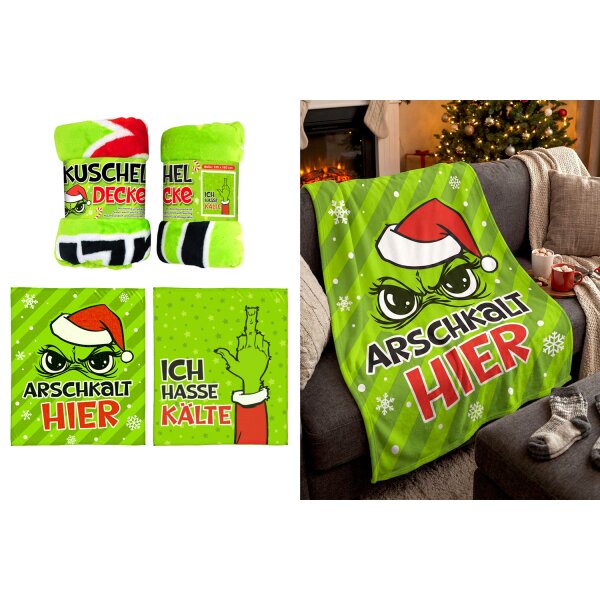 Kuscheldecke Muffel Weihnachten (2er Set) grün 130x160 cm - "Arschkalt hier" & "Ich hasse Kälte" - Decke für Festtagsmuffel, Sofadecke, kuschelige Tagesdecke, Wohndecke
