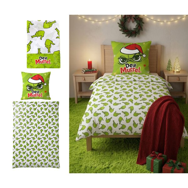 Microfaser Bettwäsche Muffel Mittelfinger Weihnachten 2-teilig (Kissen- und Bettdeckenbezug) - Polyester Bettbezug Festtagsmuffel, mit Reißverschluss