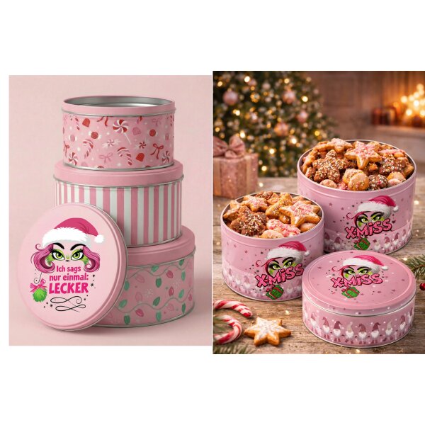 Gebäckdose Keksdose X-Miss Weihnachten  rund (3er Set) - Ich sags nur einmal: Lecker! - Geschenkdose, Plätzchendose, Blechdose für Kekse