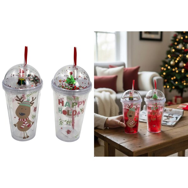 Trinkbecher Glamour "Merry Christmas" (2er Set) H:20 cm mit Strohhalm - Becher Weihnachten, Weihnachtsmann und Weihnachtsbaum, Wichtelgeschenk