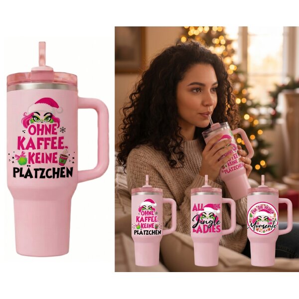 XXL Thermobecher X-Miss pink "Ohne Kaffee keine Plätzchen" mit Griff und Strohhalm 1200 ml - Isolierbecher, Trinkbecher Weihnachten, Trinkflasche, Kaffeebecher, Kaffeetasse