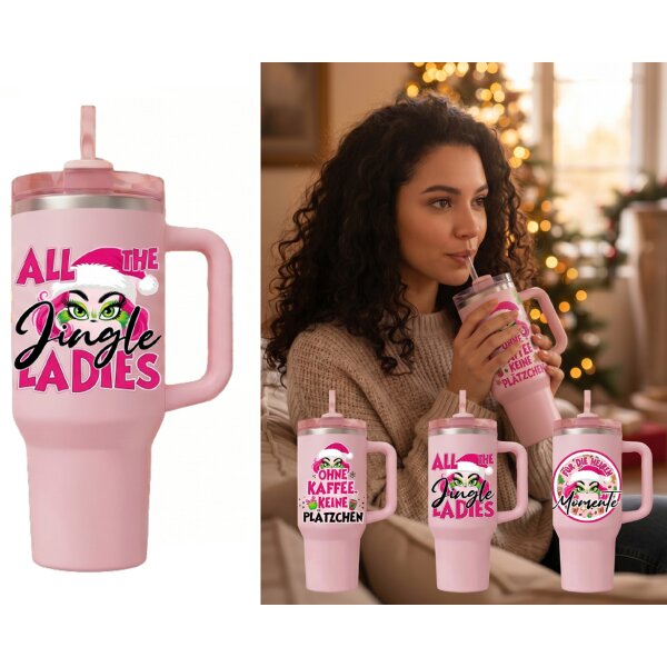 XXL Thermobecher X-Miss pink "All the Jingle Ladies" mit Griff und Strohhalm 1200 ml - Isolierbecher, Trinkbecher Weihnachten, Trinkflasche, Kaffeebecher, Kaffeetasse