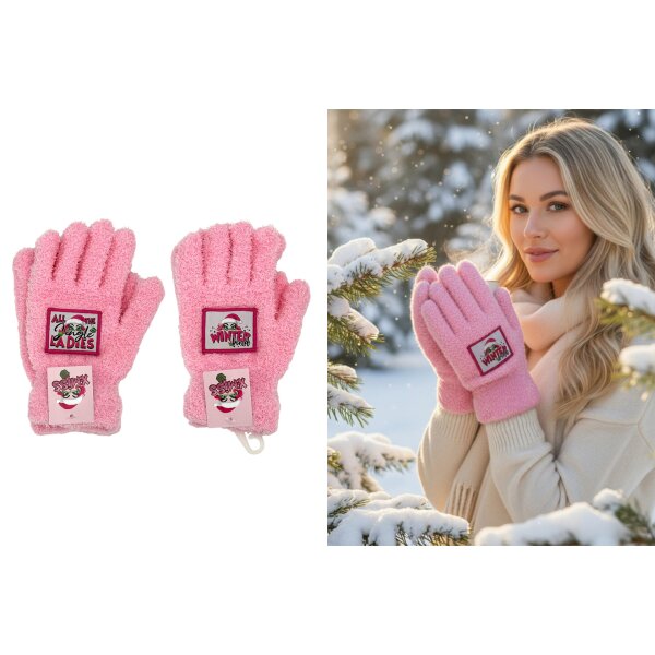 Handschuhe X-Miss (2er Set) pink "All the Jingle Ladies" & "Winterkind" - Weihnachten Damen Fingerhandschuhe, Wichtelgeschenk, Winter Strickhandschuhe