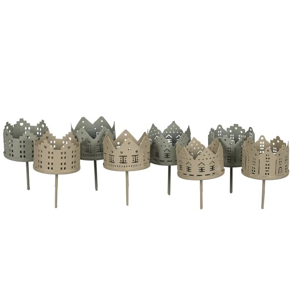 Stecker Teelichthalter Häuser Stadthäuser (8er Set) 10,5x6 cm Metall braun & grau - Bodenstecker Windlicht Adventskranz, Weihnachsdeko, Kerzenhalter