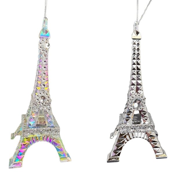 Baumschmuck Eiffelturm (2er Set) silber irisierend - Paris - Baumkugel, Weihnachtsdeko Frankreich, Christbaumkugel, Weihnachten
