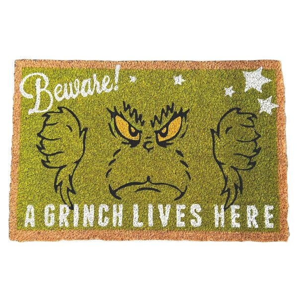 Kokos Fussmatte Grinch "Beware! A Grinch lives here" 40x60 cm, innen & außen - Haustür-Matte Weihnachten, Türmatte, Schmutzfangmatte