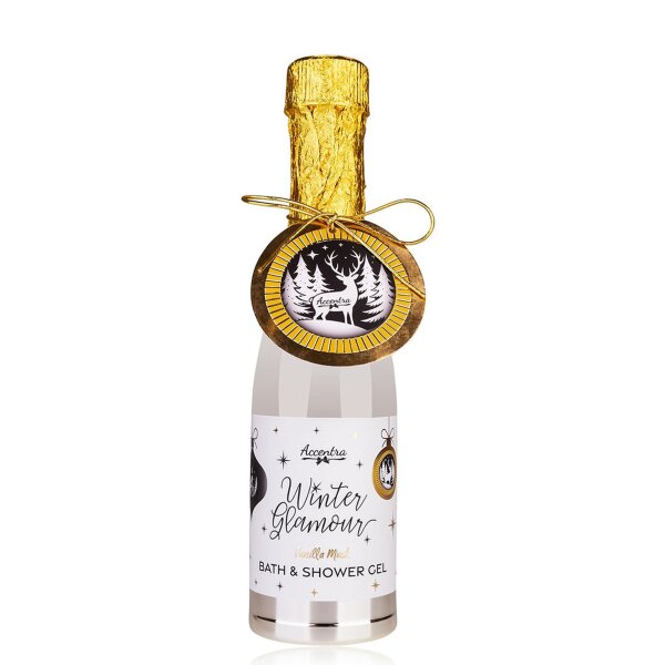 Duschgel Badegel in kleiner Sektflasche „Winter Glamour" 250 ml - Wellness Geschenk für Frauen, Badezusatz in Piccoloflasche, Beauty, Duschbad