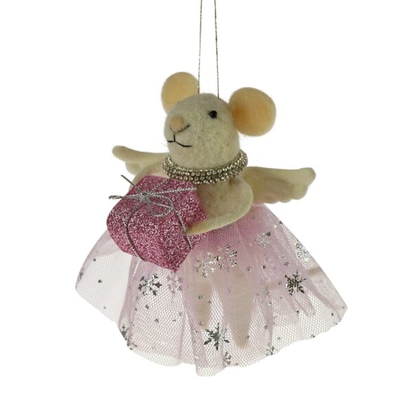 Filzhänger Engel Mäuschen mit Geschenk, pink - Baumschmuck Filzmaus, Hängedeko Maus, Weihnachtsdeko, Christbaumschmuck, Weihnachten