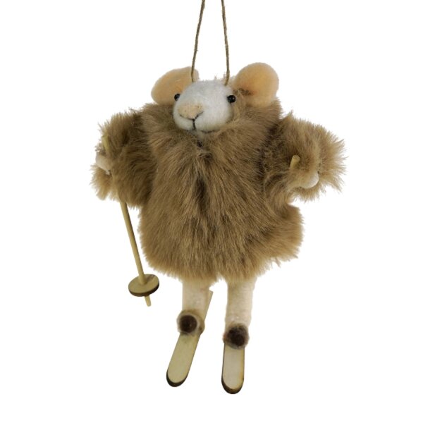 Filzhänger Ski Maus mit Pelz, braun - Baumschmuck...