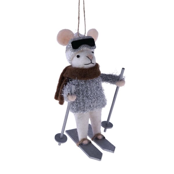 Filzhänger Ski Maus mit Skibrille und Schal, silber - Baumschmuck Filzmaus, Hängedeko Mäuse, Weihnachtsdeko, Christbaumschmuck, Weihnachten