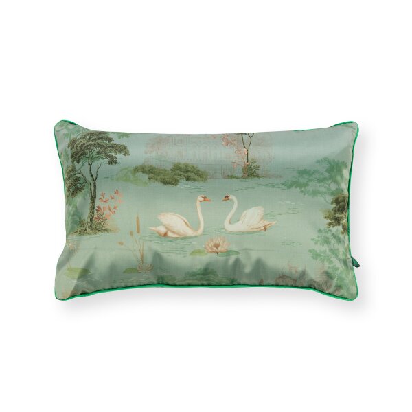 Pip Studio Sofakissen Kissen Darjeeling Days 55x33 cm grün - Seenlandschaft mit Schwan - Dekokissen, Couchkissen Wohnzimmer, Geschenkidee
