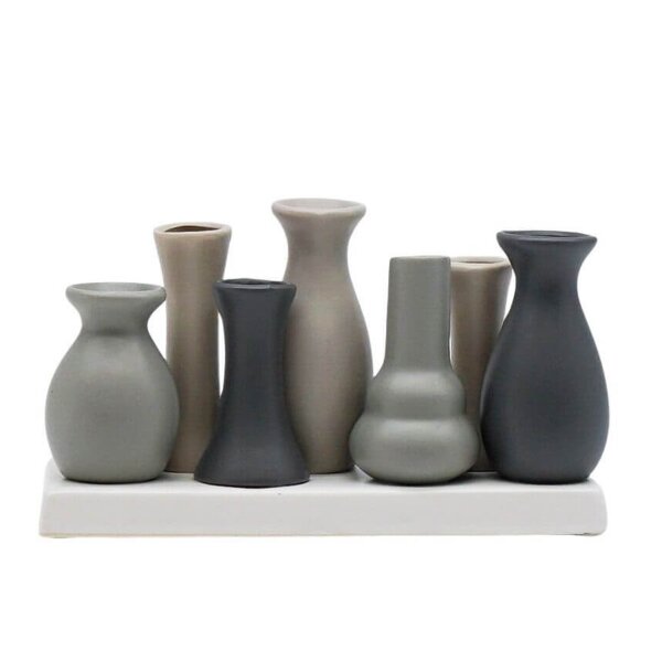 Vasen Set auf länglichem Tablett (7 Väschen) Grautöne 19 x 11 cm aus Keramik - Dekoration, Tischdeko, Keramikvase, Blumenvase, moderner Deko Stil