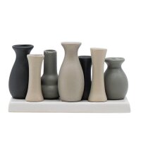 Vasen Set auf länglichem Tablett (7 Väschen) Grautöne 19 x 11 cm aus Keramik - Dekoration, Tischdeko, Keramikvase, Blumenvase, moderner Deko Stil