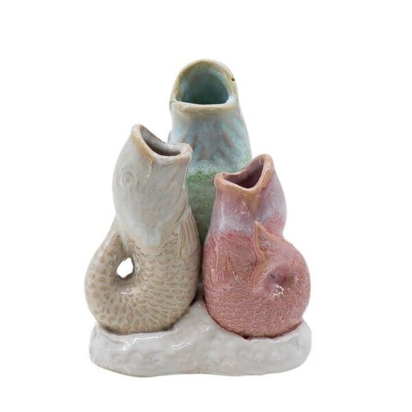 Vasen Set Fische auf Riff-Tablett (3 Väschen in Fischform) mehrfarbig 12 x 10 cm aus Keramik - Maritime Dekoration, Tischdeko, Keramikvase, Blumenvase, moderner Deko Stil