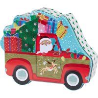 Gebäckdose Keksdose Pick-up & Wohnwagen mit Santa (2er Set) - Geschenkdose Camper Weihnachten, Plätzchendose Camping, Blechdose, Vorratsdose für Kekse