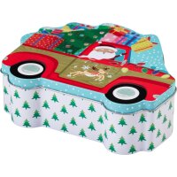 Gebäckdose Keksdose Pick-up & Wohnwagen mit Santa (2er Set) - Geschenkdose Camper Weihnachten, Plätzchendose Camping, Blechdose, Vorratsdose für Kekse
