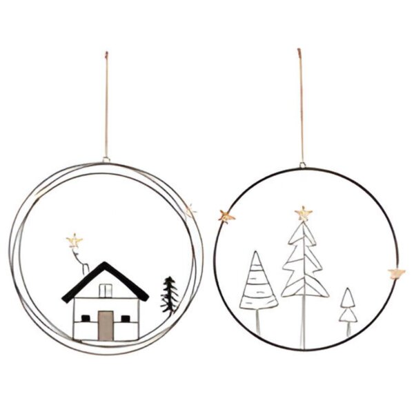 Hänger Ring Winter (2er Set) - Tannenbaum & Haus - D:31 cm aus Metall - Hängedeko, Türdeko, Fensterdeko Weihnachten, Aufhänger