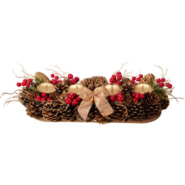 Adventskranz Kerzenhalter länglich mit goldene Schleife, Zapfen & roten Beeren - Weihnachtsdekoration, Weihnachten, Advent, Adventsgesteck, Leuchterkranz