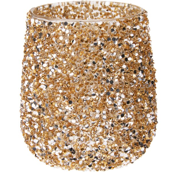 Teelichthalter Glas mit Perlen bestückt H:11 cm gold glänzend - Kerzenständer, Kerzenhalter, Tischdeko Advent, Deko Weihnachten, festliche Dekoration