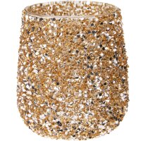 Teelichthalter Glas mit Perlen bestückt H:11 cm gold...