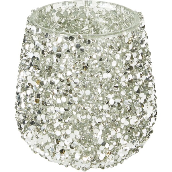 Teelichthalter Glas mit Perlen bestückt H:8,5 cm silber glänzend - Kerzenständer, Kerzenhalter, Tischdeko Advent, Deko Weihnachten, festliche Dekoration
