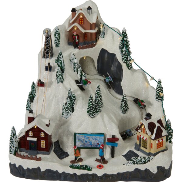 Nostalgie Spieluhr Winterlandschaft Berg mit Licht & bewegten Skifahrern - Weihnachtsdekoration, Winterdeko Skigebiet