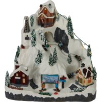 Nostalgie Spieluhr Winterlandschaft Berg mit Licht & bewegten Skifahrern - Weihnachtsdekoration, Winterdeko Skigebiet