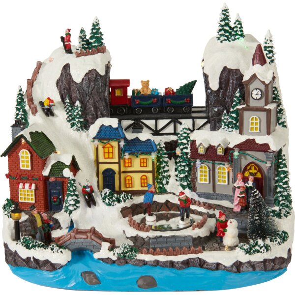 Nostalgie Spieluhr Winterlandschaft Bergdorf mit bewegtem Zug & Eisläufer bzw. Tannenbaum - Weihnachtsdekoration, Winterszene, Winterdeko