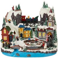 Nostalgie Spieluhr Winterlandschaft Bergdorf mit bewegtem Zug & Eisläufer bzw. Tannenbaum - Weihnachtsdekoration, Winterszene, Winterdeko