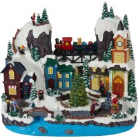 Nostalgie Spieluhr Winterlandschaft Bergdorf mit bewegtem Zug & Eisläufer bzw. Tannenbaum - Weihnachtsdekoration, Winterszene, Winterdeko