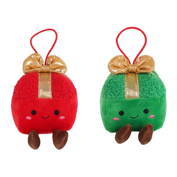 Baumschmuck Plüsch Geschenke (2er Set) D:10 cm mit Augen und Beinen - kuschelige Baumkugel, Weihnachtsdeko, Christbaumschmuck, Weihnachten