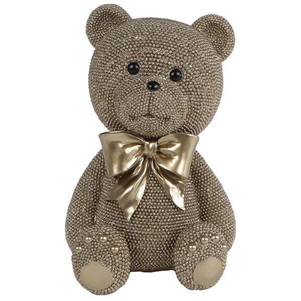 Dekofigur Teddy Bär XL mit Schleife H:29 cm aus glitzergold glänzenden Strass Steinen - Deko Teddybär Skulptur in gold, originelle Geschenkidee