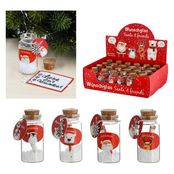 Wunschglas Weihnachten mit Anhänger & Notizzettel (4er Set) für Gutscheine, gute Wünsche - Wunscherfüller, Weihnachtswünsche, Geldgeschenk, Nikolausgeschenk