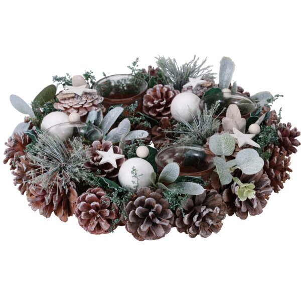 Adventskranz mit Zapfen & Kugeln weiß-grün - Weihnachtsdekoration, Adventsgesteck, Deko Advent Weihnachten