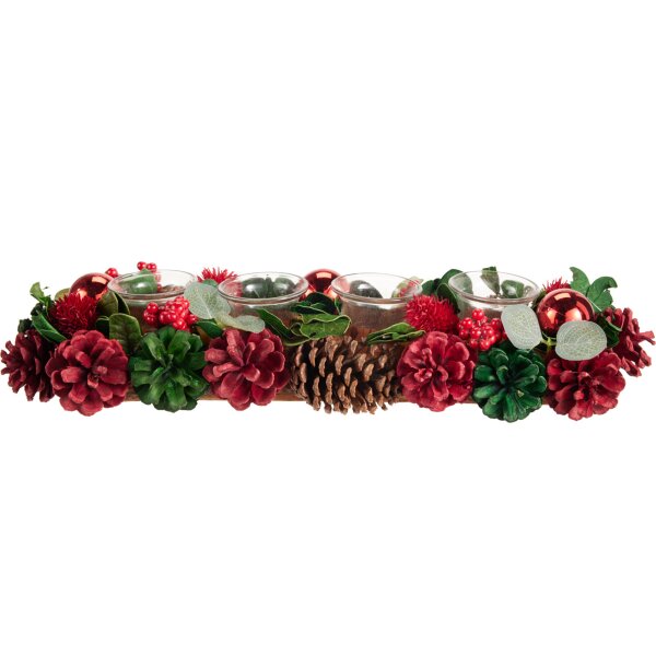 Adventskranz Teelichthalter mit Kugeln & Zapfen länglich grün-rot - Weihnachtsdekoration, Weihnachten, Advent, Adventsgesteck