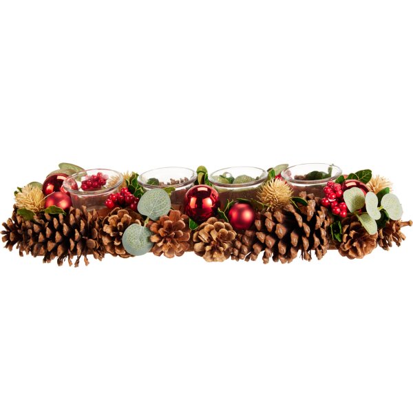 Adventskranz Teelichthalter mit Kugeln & Zapfen länglich braun-rot - Weihnachtsdekoration, Weihnachten, Advent, Adventsgesteck