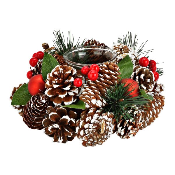 Adventsgesteck mit Zapfen, roten Beeren, Kugel und Teelichtglas D:19 cm  - Adventsdeko, Adventskranz, Weihnachten, Advent, Weihnachtsdeko, weihnachtliche Tischdeko