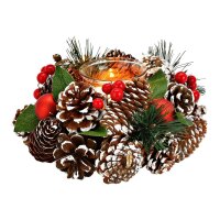 Adventsgesteck mit Zapfen, roten Beeren, Kugel und Teelichtglas D:19 cm  - Adventsdeko, Adventskranz, Weihnachten, Advent, Weihnachtsdeko, weihnachtliche Tischdeko