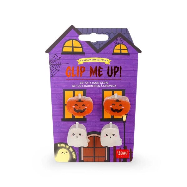 Legami Halloween Set aus 4 Mini-Haarclips - Clip Me Up! - Mini-Haarspange Kürbis und Geist mit Glow-Effekt, Haar Accessoire für Mädchen