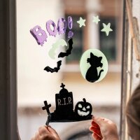 Legami Halloween Gel-Fensteraufkleber mit Leuchteffekt - Window-Glow - Fensterdeko mit Leuchteffekt, Grabstein, Katze, Fledermaus