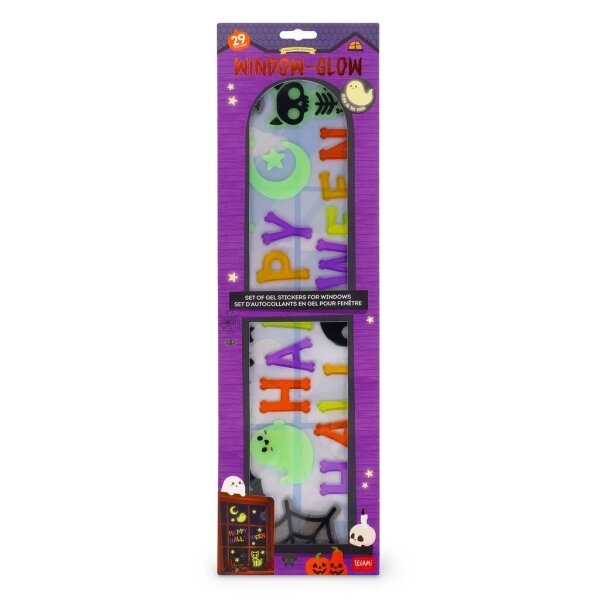 Legami Halloween Gel-Fensteraufkleber mit Leuchteffekt - Window-Glow - Fensterdeko mit Leuchteffekt - Happy Halloween, Spinne, Katze, Geist