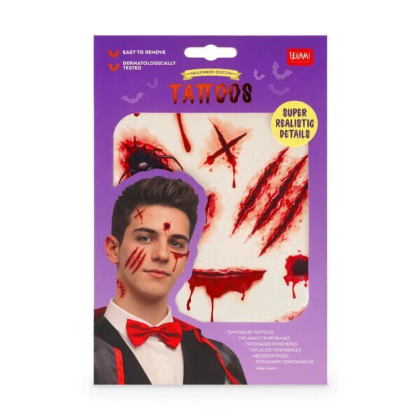 Legami Halloween Tattoos - Abzieh-Tattoos mit blutigen Kratzern, Schußlöchern, Bißwunden - Aufkleber, Deko Halloweenparty