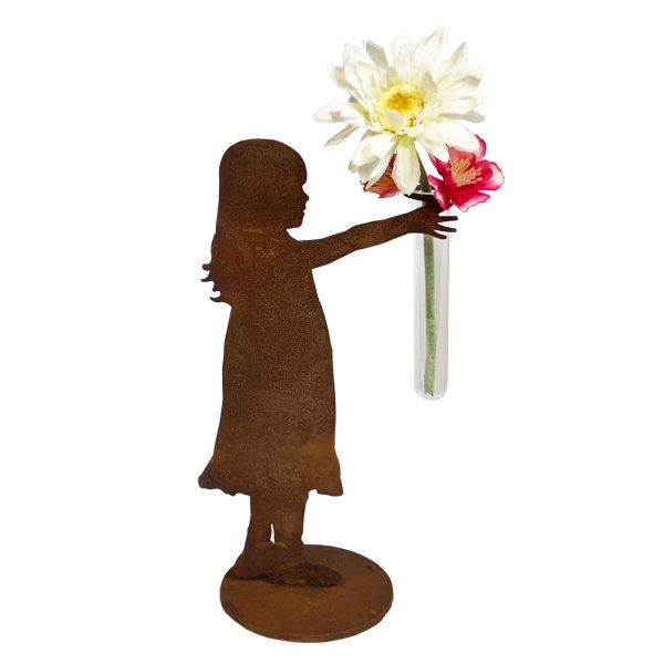 Dekofigur Blumenkind Sophia mit Vase auf Platte im Rost Design, Blumenfee mit Vase, Rostfigur 