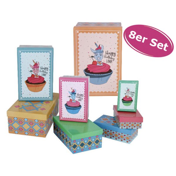 Geschenkboxen Set Happy Birthday Lama, 8tlg. - Kartonagen, Geschenkkarton, Geschenkschachtel