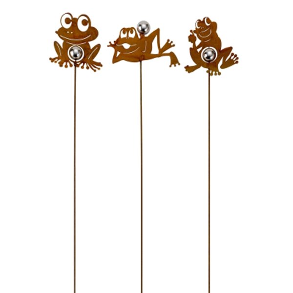 Gartenstecker Frosch im Rost Design (3er Set), Rostfigur Froschkönig mit Edelstahl Kugel  für den Garten, Gartendeko