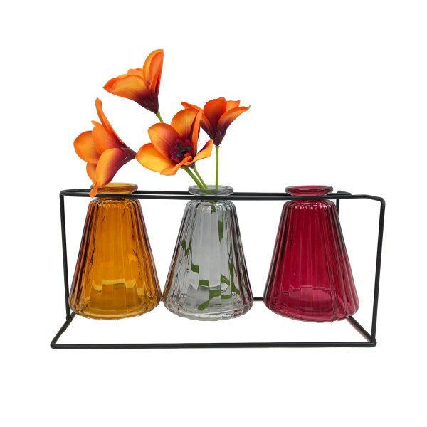 3er Set Glasflasche Lilia im Metall Ständer H:10cm - als Vasen Set, Tischdeko, Deko Hochzeit