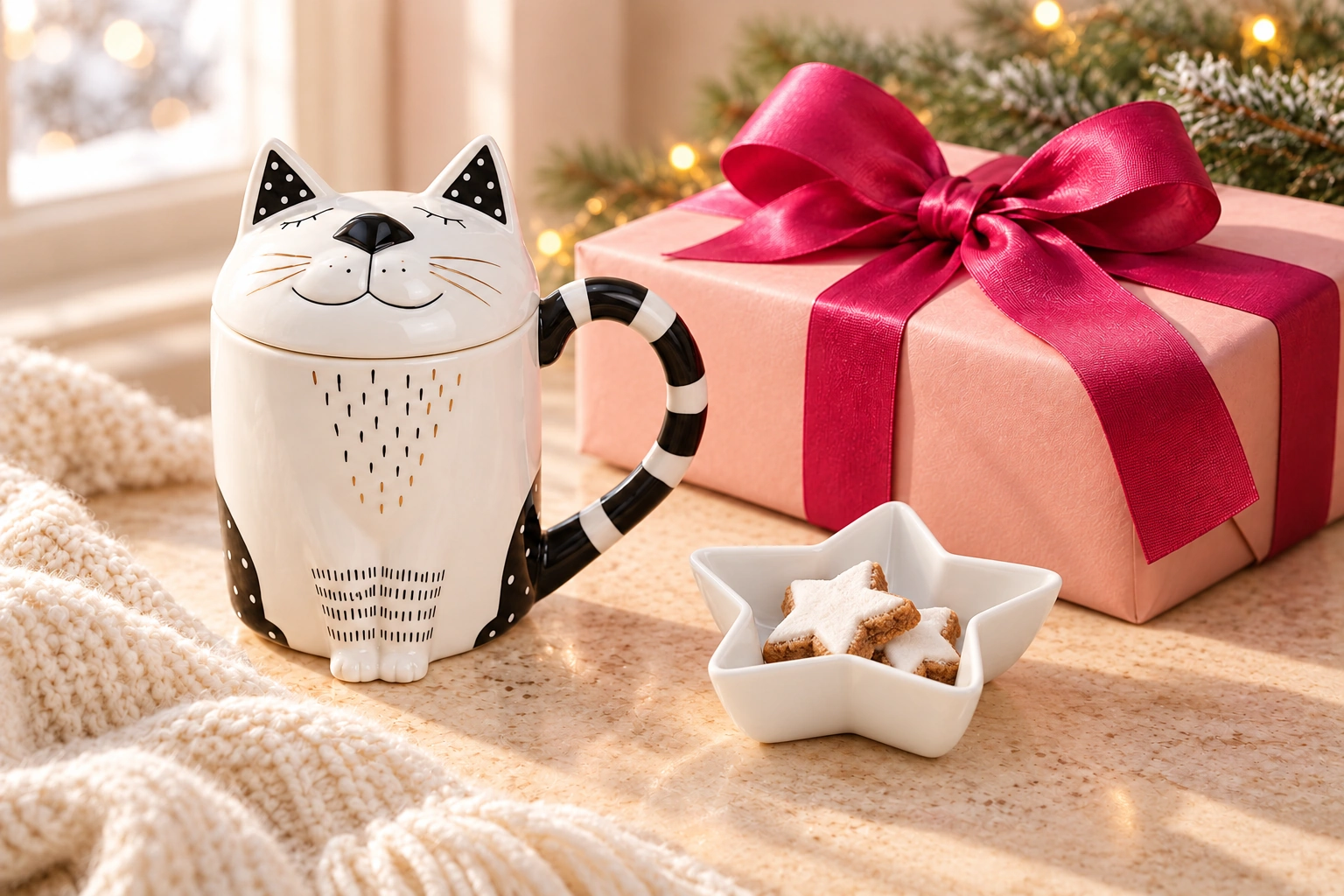 Katzentasse mit Deckel und weiße Sternschale mit Gebäck neben einem roséfarbenen Geschenk mit pinker Schleife